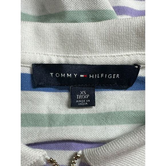 Tommy Hilfiger Top Womens XS White Stripe Polo 1/4 Zip Cotton Crest Logo Preppy - Picture 7 of 9